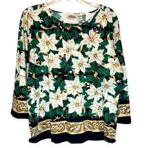 Collections Etc Christmas Holiday White Poinsettia Top Womens Large Sequin Shine